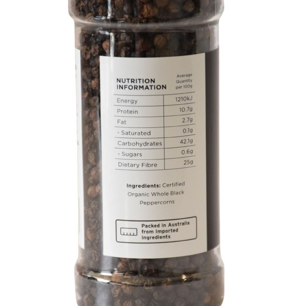 Pickle & Spice Whole Black Organic Peppercorn Grinder 100g Per Unit