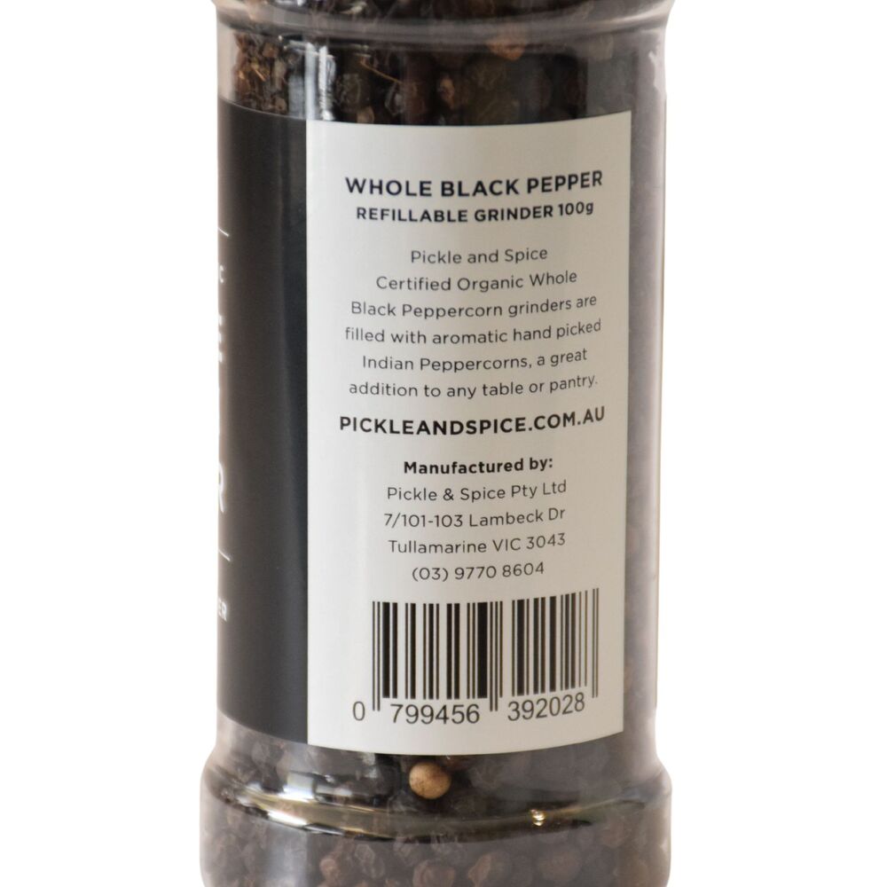 Pickle & Spice Whole Black Organic Peppercorn Grinder 100g Per Unit
